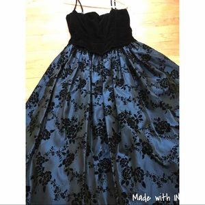 Vintage 80s Metallic Blue Velvet Black Gown